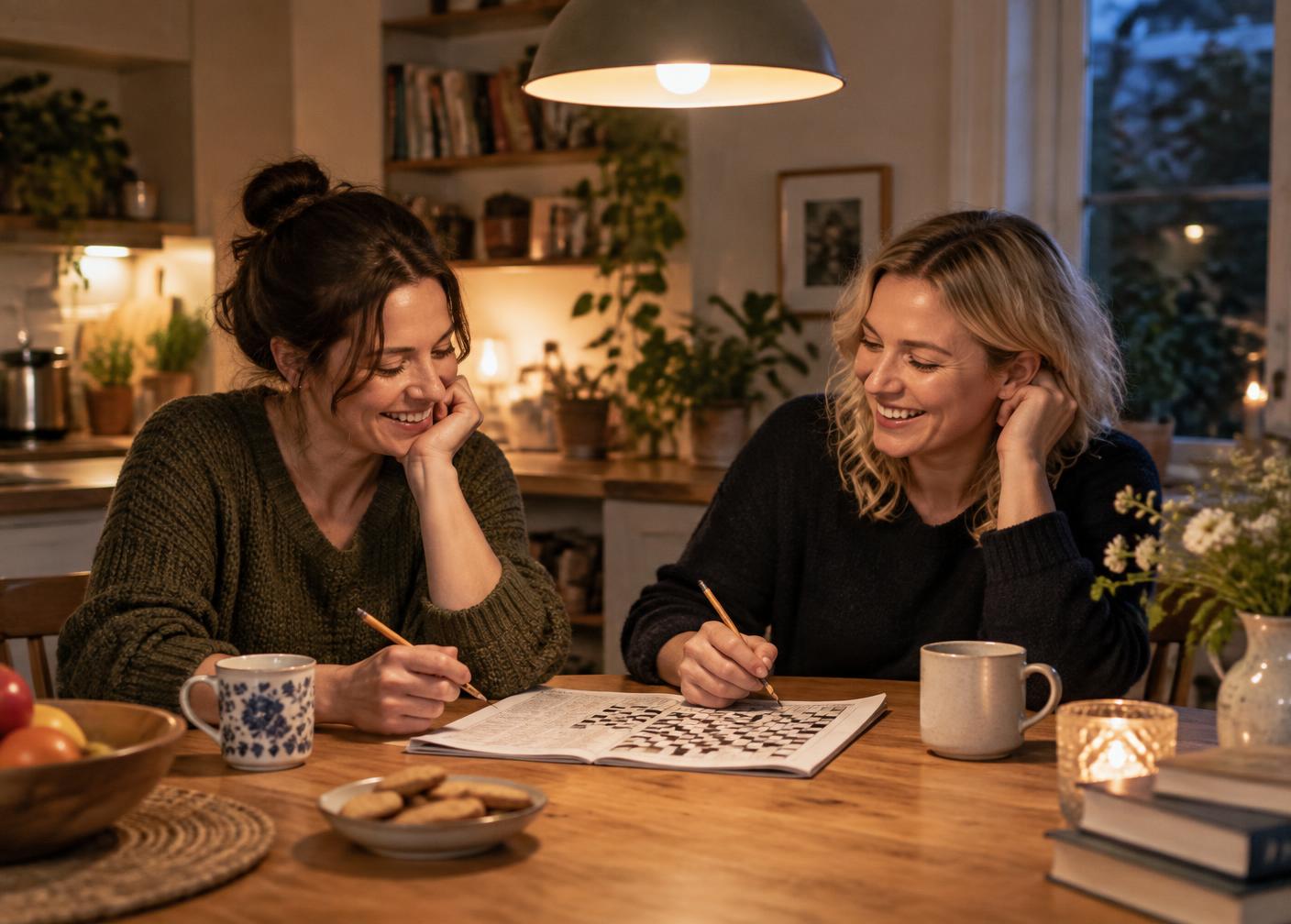 Two friends enjoying a crossword together at a kitchen table